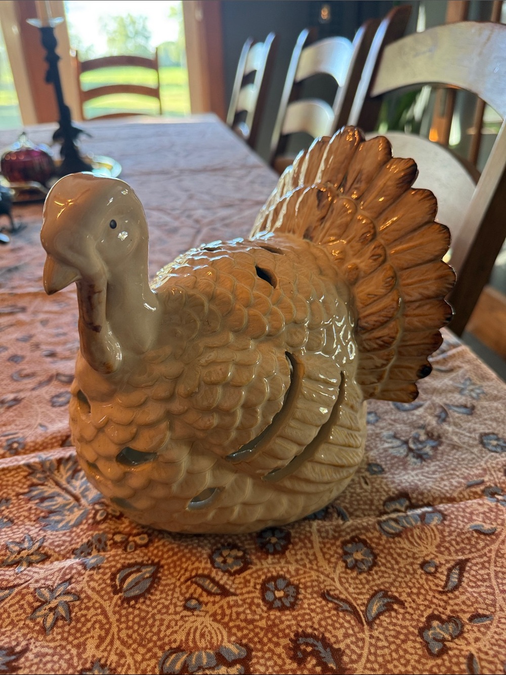 Ceramic/stoneware turkey tea light votive candle holder cutouts 7” thanksgiving
